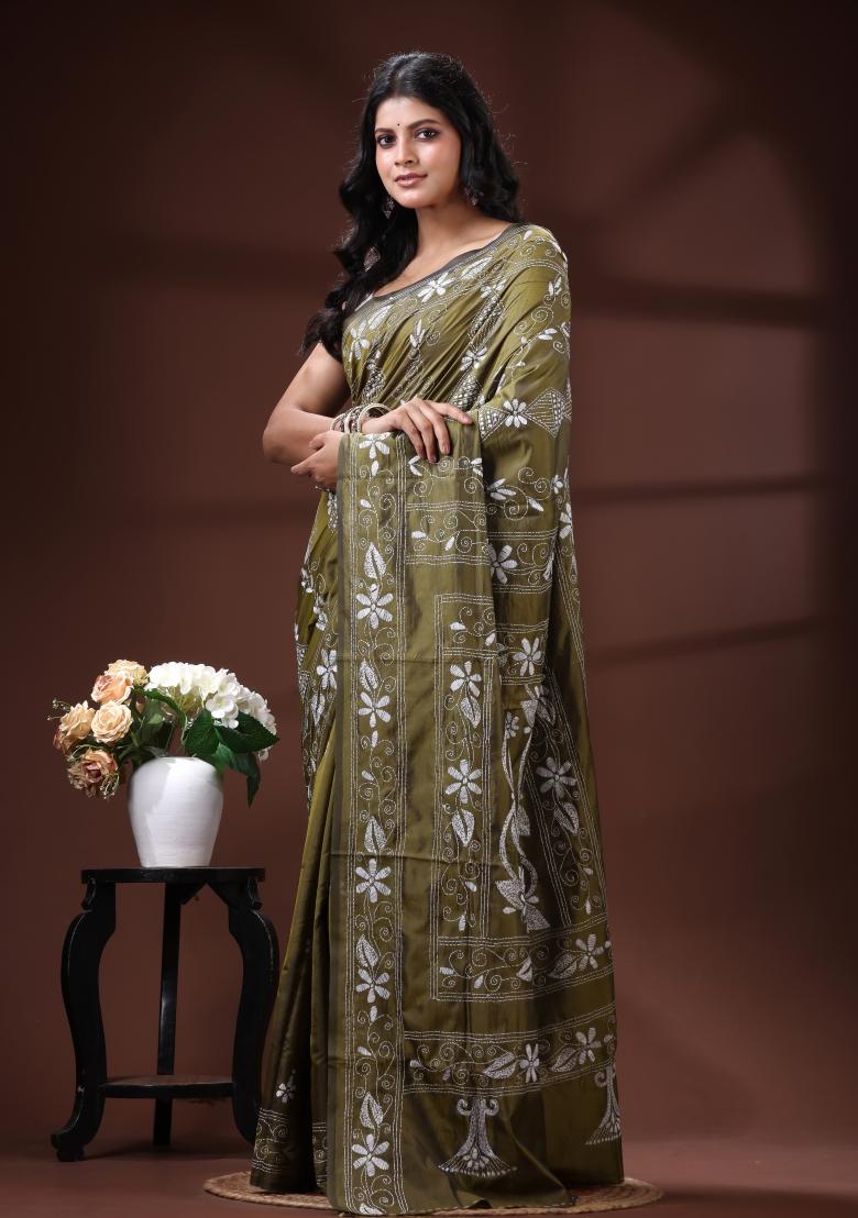 Green Embroidered Silk Blend Saree Set - Indya