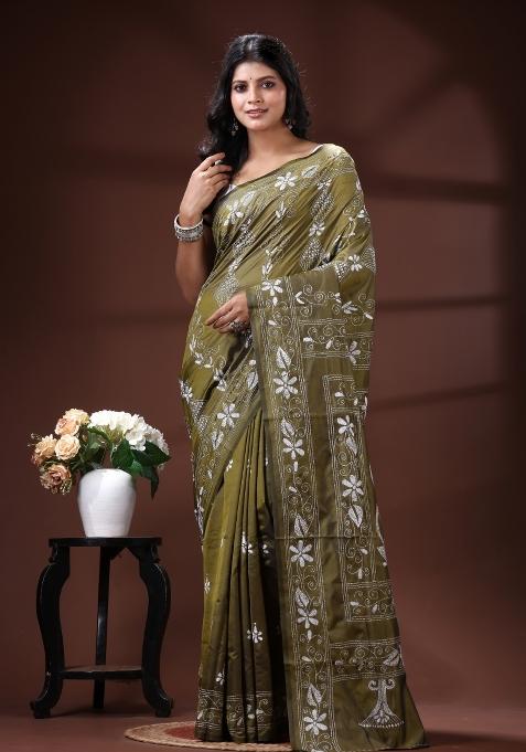 Green Embroidered Silk Saree Set