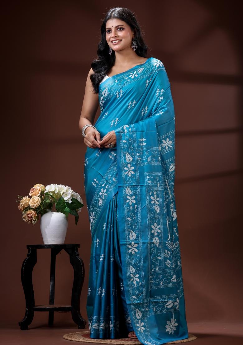 Blue Embroidered Silk Blend Saree Set - Indya