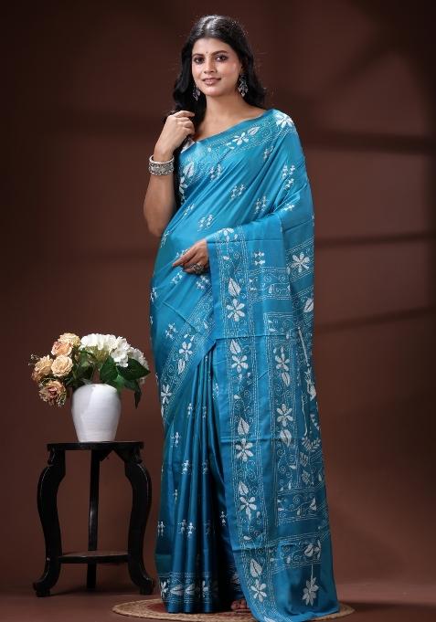 Blue Embroidered Silk Saree Set