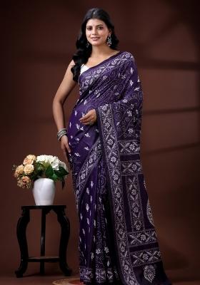 Purple Embroidered Silk Blend Saree Set
