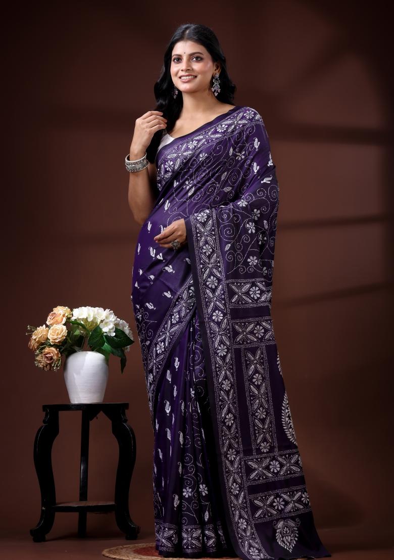 Purple Embroidered Silk Blend Saree Set - Indya
