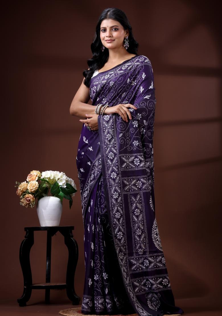 Purple Embroidered Silk Blend Saree Set - Indya