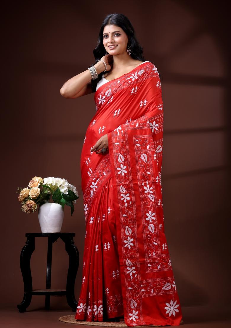 Red Embroidered Silk Blend Saree Set - Indya