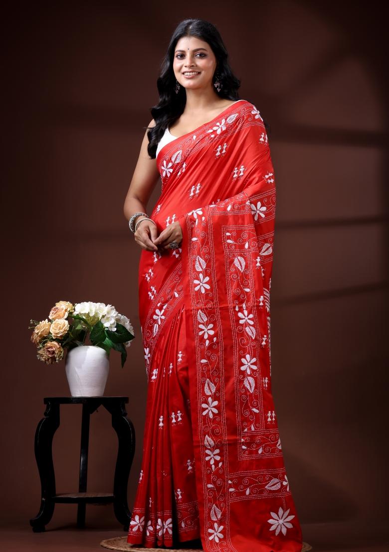 Red Embroidered Silk Blend Saree Set - Indya