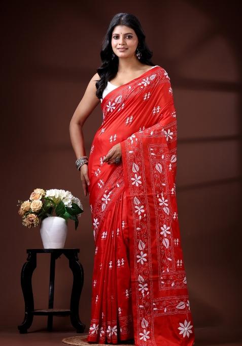Red Embroidered Silk Saree Set