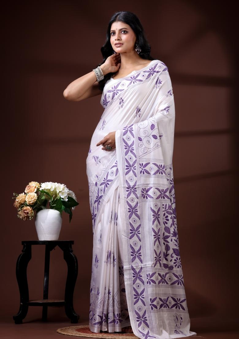 White Embroidered Silk Blend Saree Set - Indya