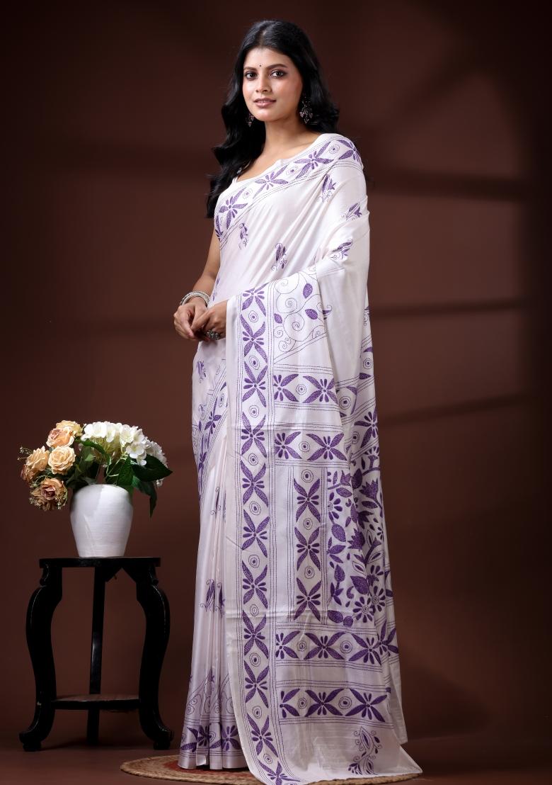 White Embroidered Silk Blend Saree Set - Indya