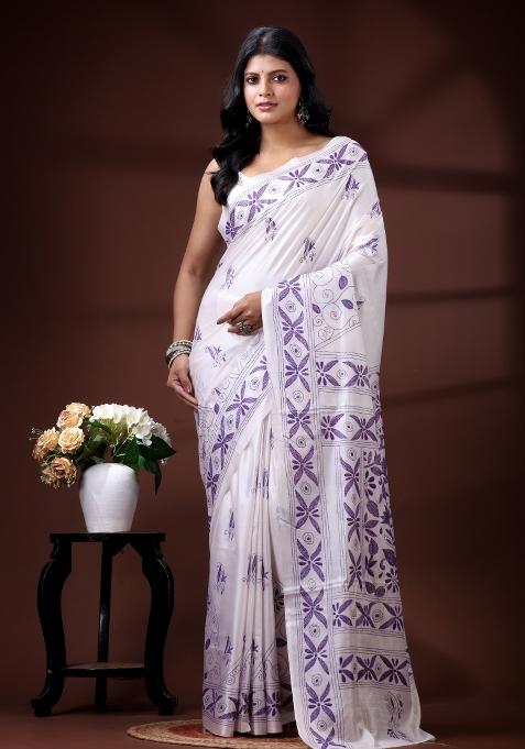 White Embroidered Silk Blend Saree Set
