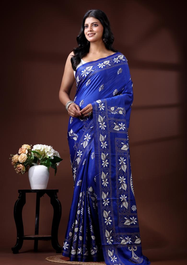 Blue Embroidered Silk Blend Saree Set - Indya