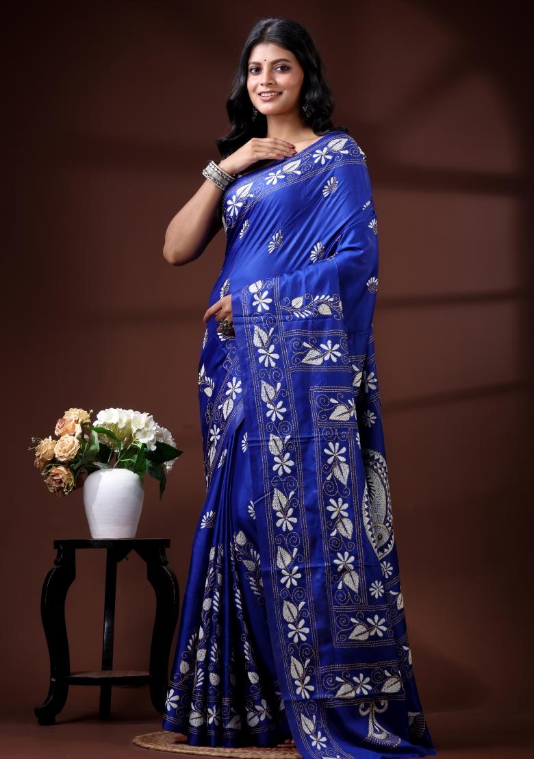 Blue Embroidered Silk Blend Saree Set - Indya