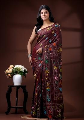 Brown Embroidered Silk Blend Saree Set