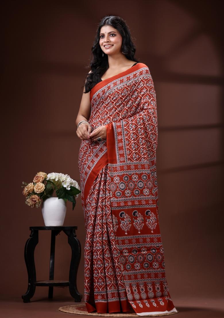Red Printed Cotton Saree Set - Indya