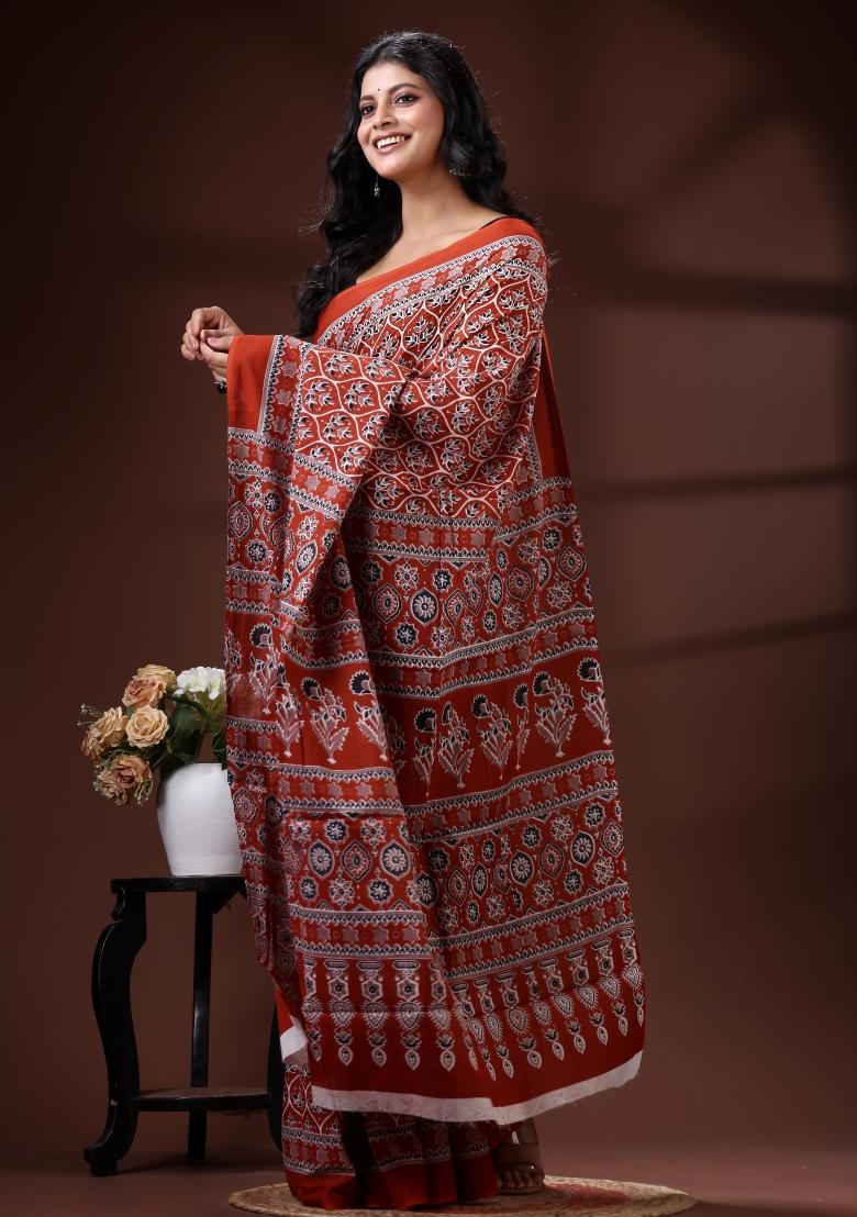Red Printed Cotton Saree Set - Indya
