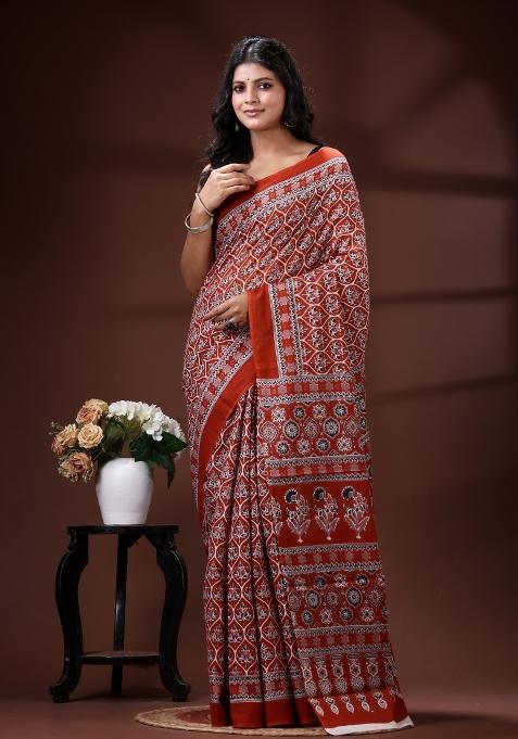 Red Printed Cotton Saree Set