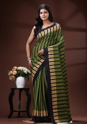 Green Printed Silk Blend Saree Set