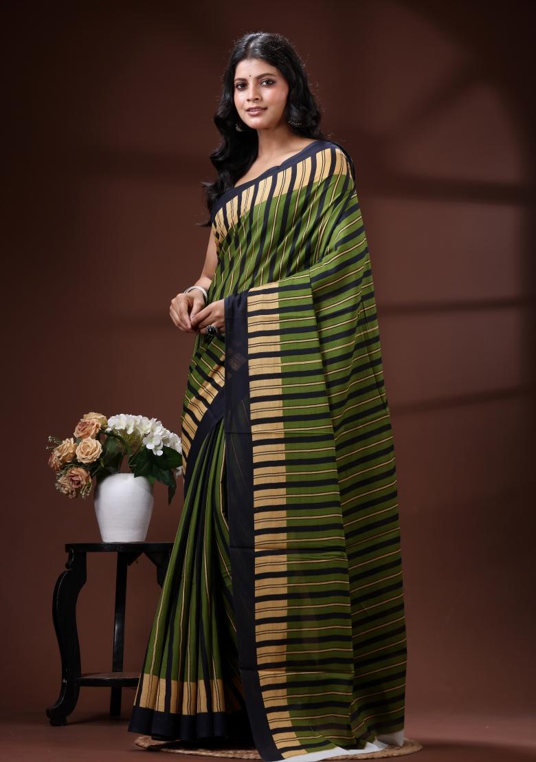Green Printed Silk Blend Saree Set - Indya