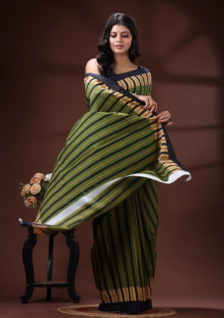 Green Printed Silk Blend Saree Set - Indya