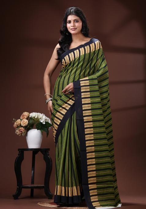 Green Printed Silk Saree Set