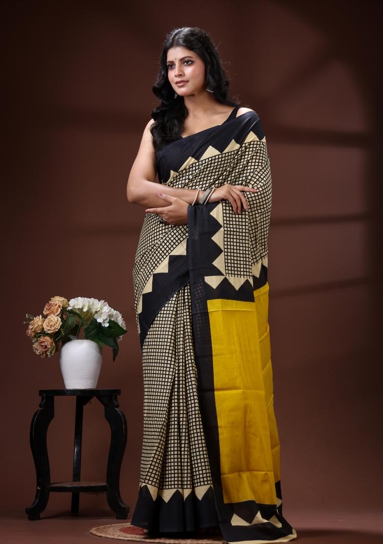 Yellow Printed Cotton Saree Set - Indya