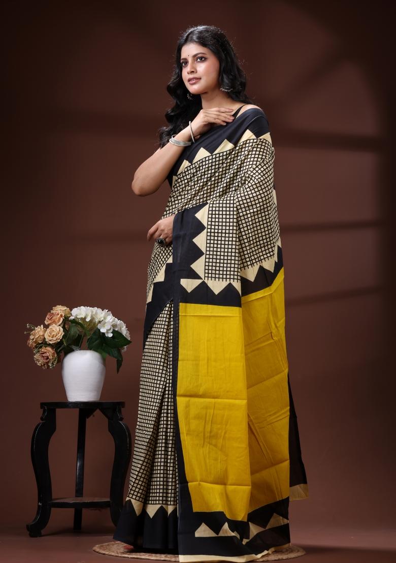 Yellow Printed Cotton Saree Set - Indya