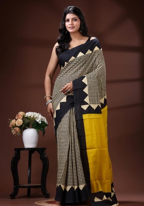 Yellow Printed Cotton Saree Set