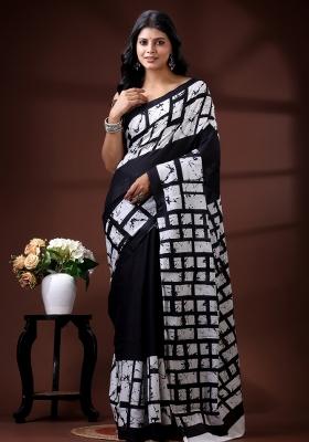 Black Printed Cotton Saree Set