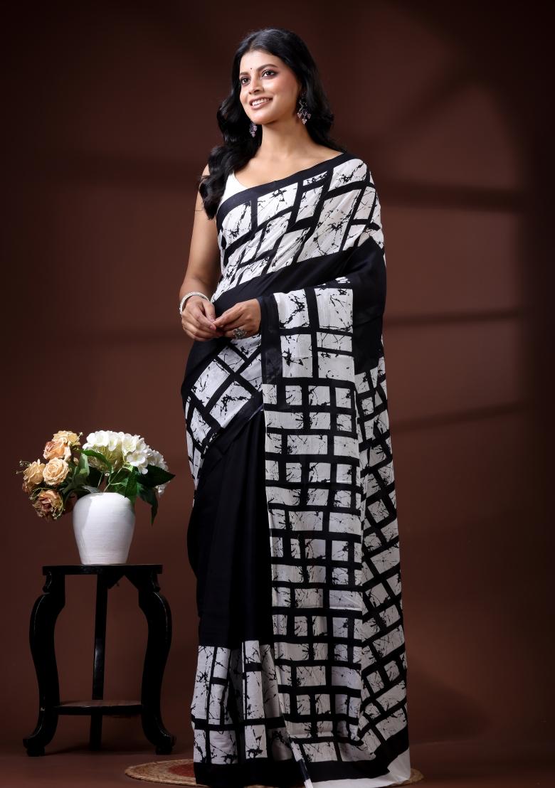 Black Printed Cotton Saree Set - Indya