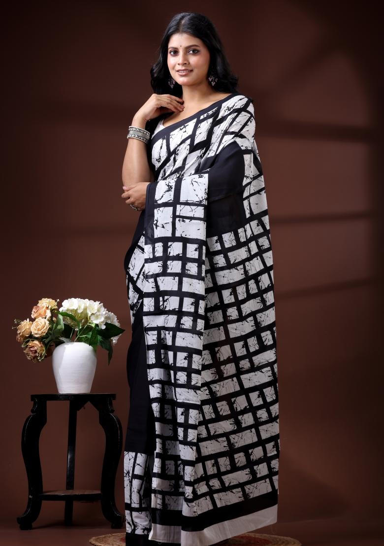 Black Printed Cotton Saree Set - Indya