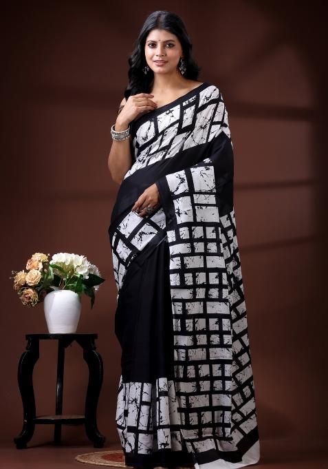 Black Printed Cotton Saree Set