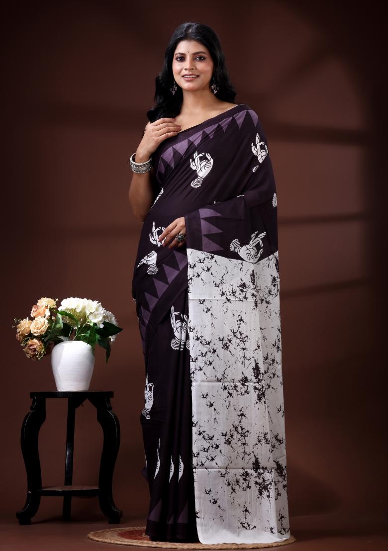 Purple Printed Cotton Saree Set - Indya