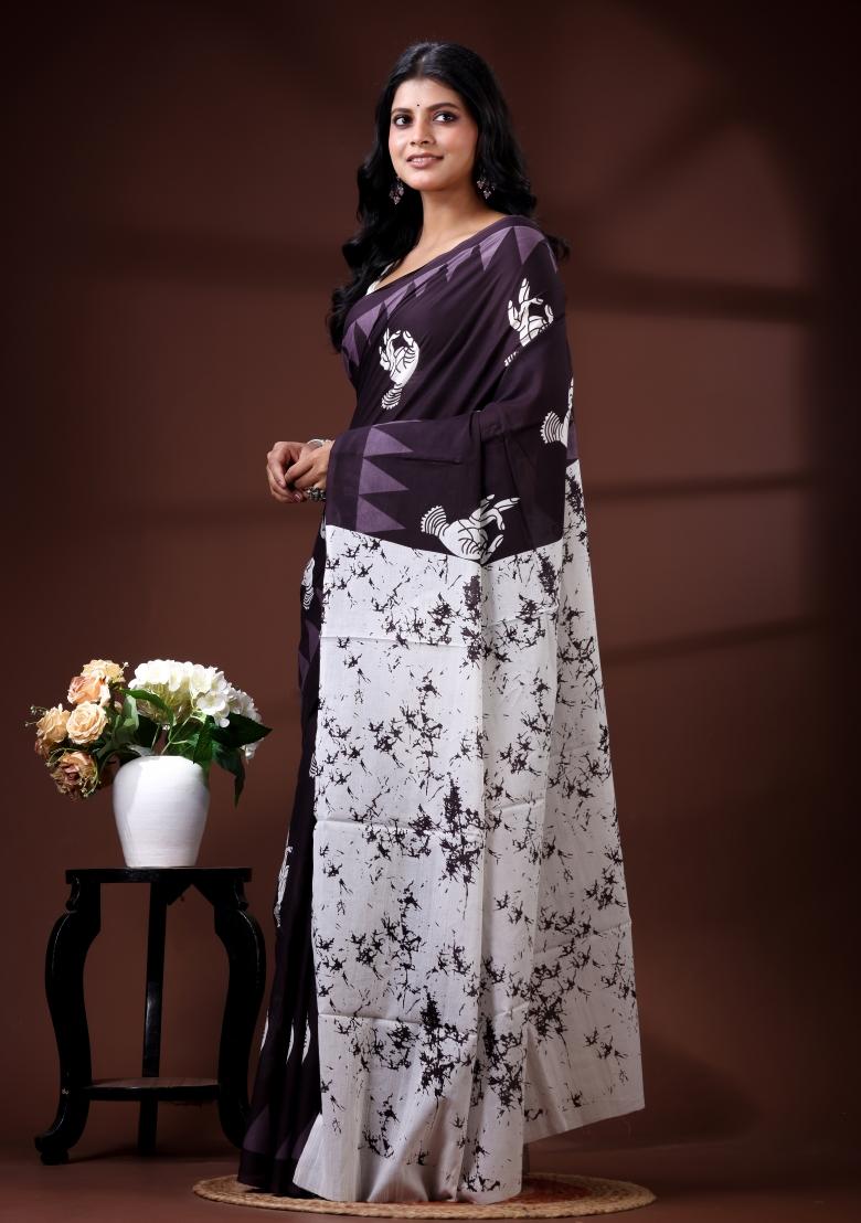Purple Printed Cotton Saree Set - Indya