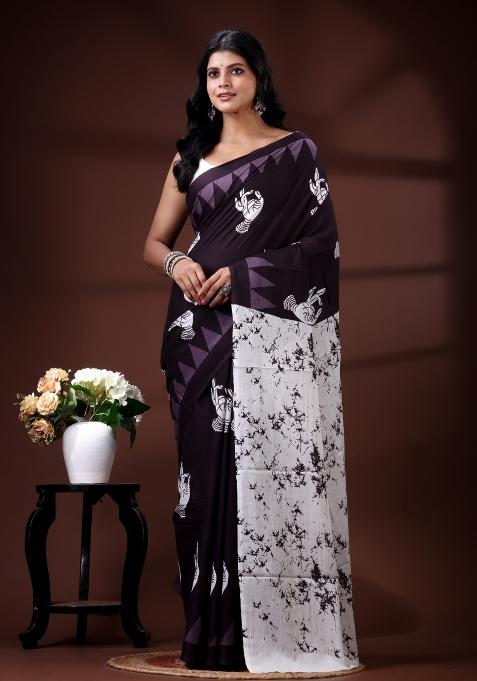 Purple Printed Cotton Saree Set