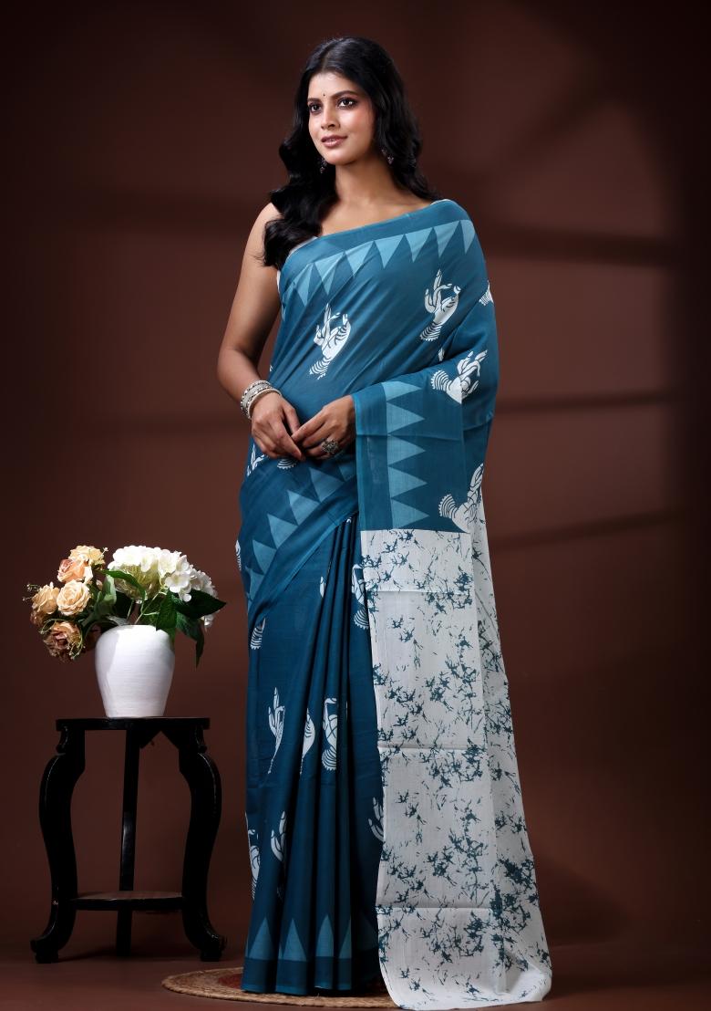 Blue Printed Cotton Saree Set - Indya