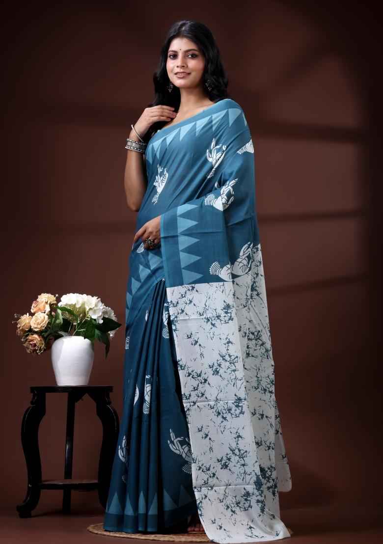 Blue Printed Cotton Saree Set - Indya