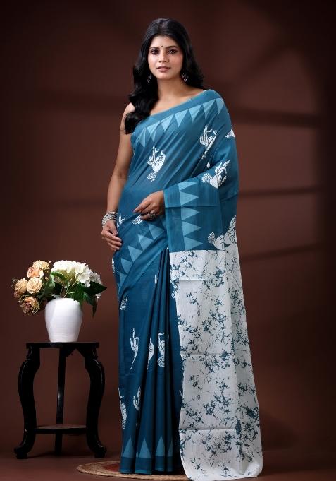 Blue Printed Cotton Saree Set