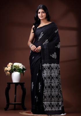 Black Printed Cotton Saree Set