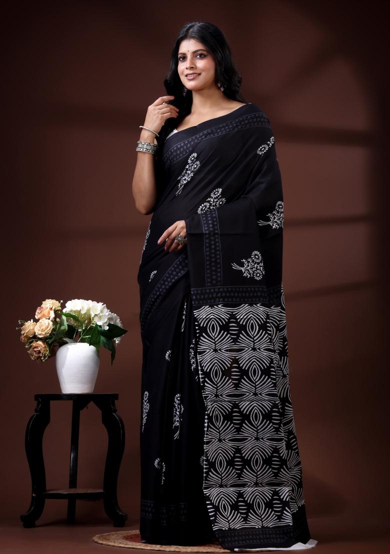 Black Printed Cotton Saree Set - Indya