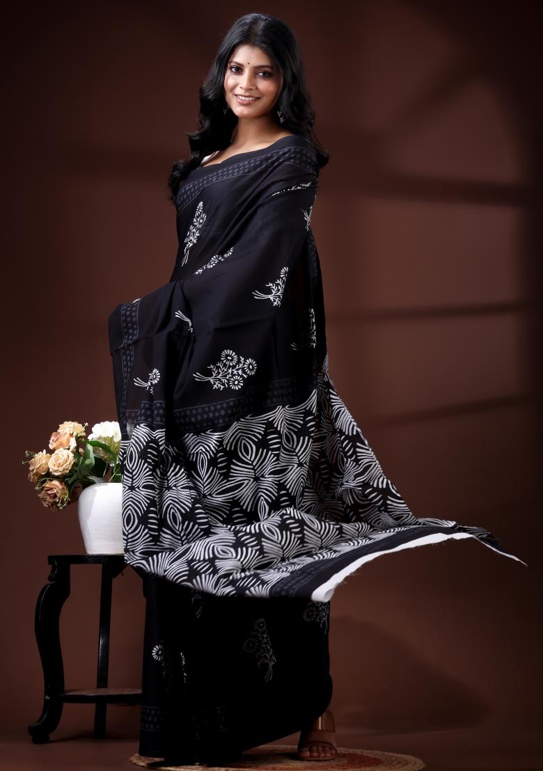Black Printed Cotton Saree Set - Indya