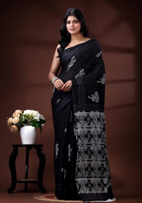 Black Printed Cotton Saree Set