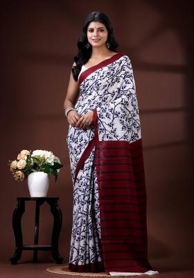 White Printed Cotton Saree Set