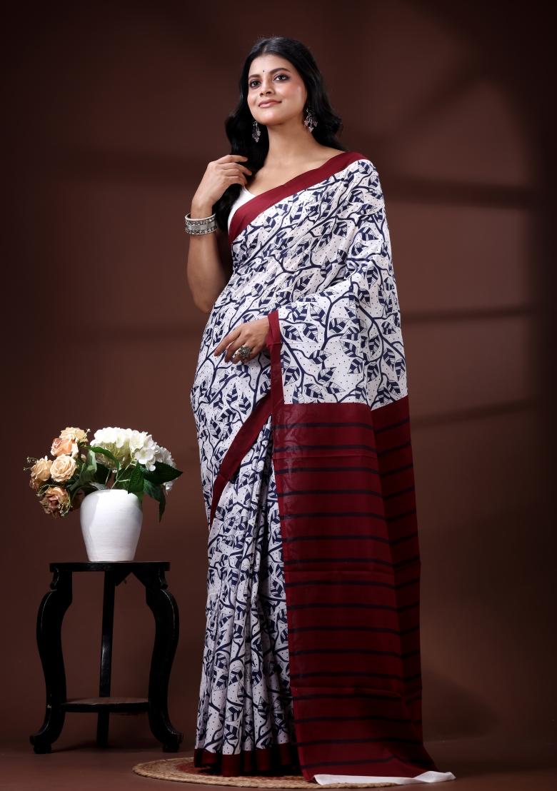 White Printed Cotton Saree Set - Indya