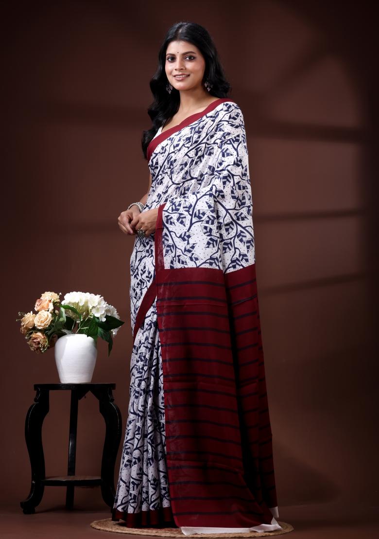White Printed Cotton Saree Set - Indya