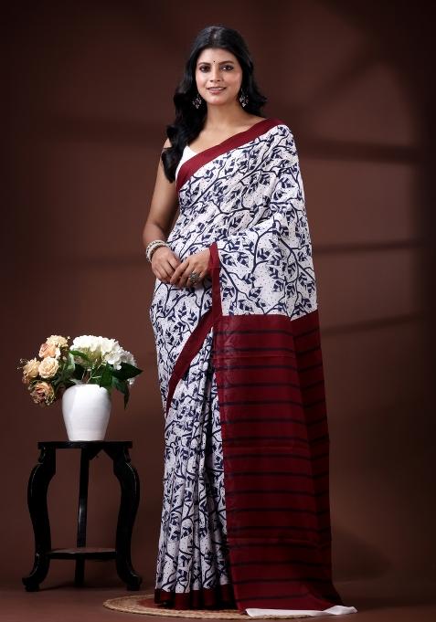 White Printed Cotton Saree Set