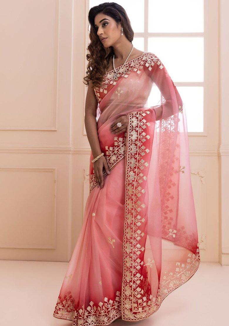 Pink Solid Silk Blend Saree Set - Indya