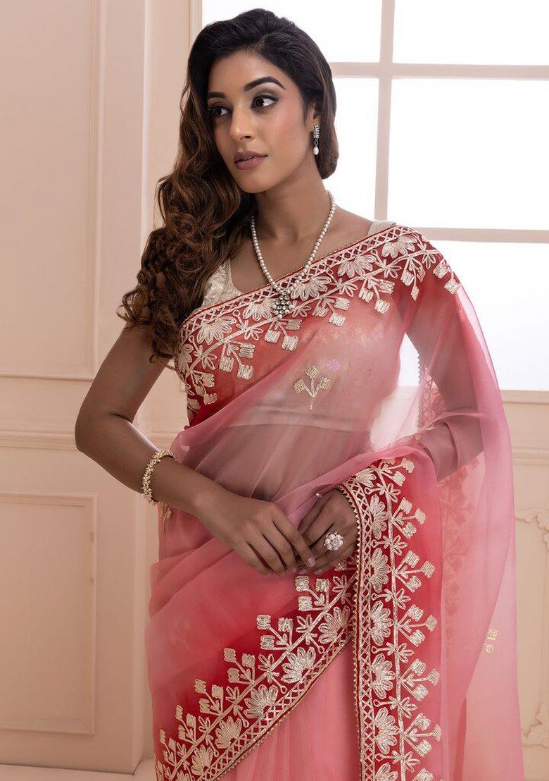 Pink Solid Silk Blend Saree Set - Indya