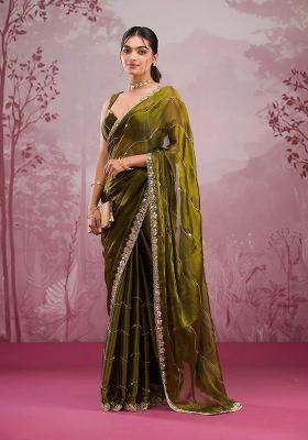 Green Solid Jimmy Choo Saree Set