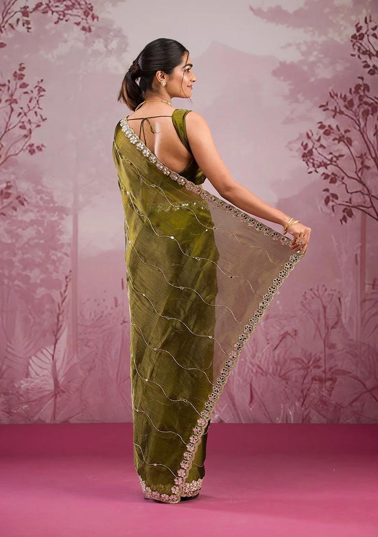 Green Solid Jimmy Choo Saree Set - Indya