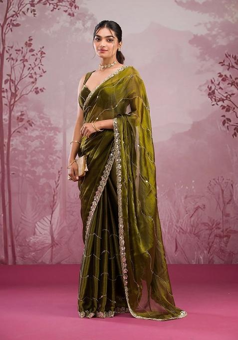 Green Solid Jimmy Choo Saree Set