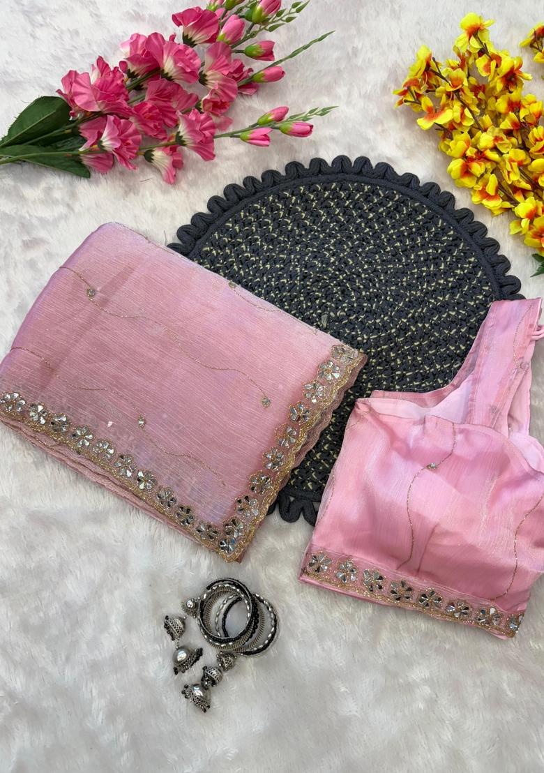 Pink Solid Jimmy Choo Saree Set - Indya